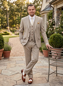 Men’s Light Tan Tweed Great Gatsby 3 Piece Suit – Vintage Vested Wedding Suit, 1920s Classic Formal Outfit Herringbone