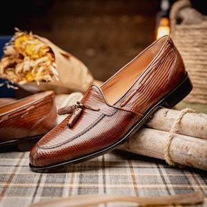 Zelli Franco Cognac Lizard Tassel Loafer with Classic Apron Toe