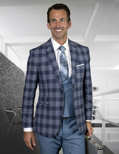 Mens 2 Button Suit with Low Cut Vest in Navy Plaid