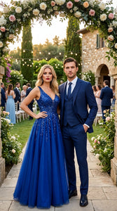 Men’s Cobalt Blue 3 Piece Suit – Indigo Light Blue Pinstripe Formal Suit with Vest for Wedding, Business Modern Fit Two buttons