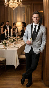 Men’s Silver and Black Floral Blazer – Elegant Formal Tuxedo Style Blazer Jacket for Wedding, Party, Prom and Evening Wear