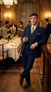 Men’s Navy Blue Pinstripe 3 Piece Suit, Thomas Shelby Inspired Vintage Formal Suit for Weddings, Parties, Prom, and Special Events
