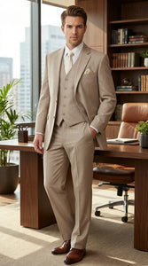 Men’s Tan Pinstripe Three Piece Suit – Classic Fit Pleated Pants  Tan Sand Beige Wedding, Church Shadow Ton on Tone  Business Suit for Men