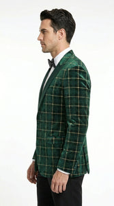 Men’s Green and Gold Plaid Christmas Holiday Blazer – Classic Check Party Jacket for New Year, Wedding and Festive New Year event