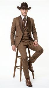Men’s Brown Pinstripe Western Cowboy Tuxedo, Contrast Shawl Lapel Formal Suit for Weddings, Prom, Parties, and Special Occasions