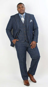 Men’s Pleated Pants Dark Blue Denim 3 Piece Suit – 100% Cotton Formal Suit Set, Blazer Vest Pants Outfit Classic Fit Athletic Fit Lose Fit