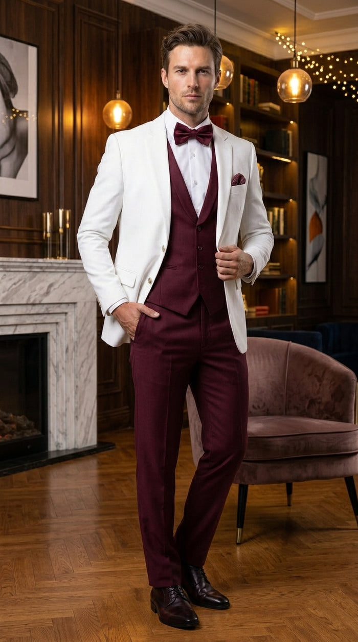 Men’s White and Burgundy 3 Piece Tuxedo Suit, Vested Formal Wedding Prom Dinner Suit Set bowtie included
