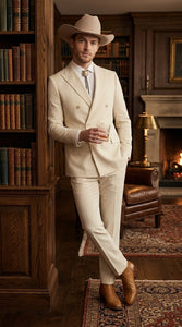 Men’s Tan Linen Cowboy Suit, Double Breasted Western Wedding Formal Western Suit Country style in Beige Tan Color
