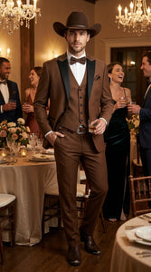 Men’s Light Brown Western Tuxedo 3 Piece Suit with Black Peak Collar Lapel, Country Look Cowboy Suit