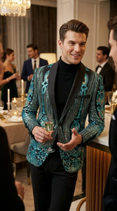 Men’s Black and Turquoise Blue With teal green Sequin Dinner Jacket, Formal Prom Wedding Paisley Floral Mardi Gra Pattern