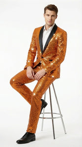 Mens Orange Sequin Tuxedo Suit – Shiny Wedding Suit Set with Black Lapel for Prom, Party, Gala and Formal Evening Wear - Goldish Orange