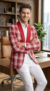 Mens Tartan Red and White Plaid Blazer – Check Pattern Sport Coat Red Shawl Lapel Party Christmas Holiday New Year