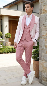 Men’s Cream and Rose Pink Prom Suit – Cream Tuxedo Jacket with Rose Pink Pants and Shawl Lapel Formal Suit for Prom and Wedding