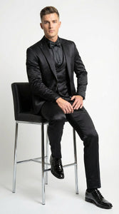 Men’s All Shiny Black Satin Suit – Black Satin Tuxedo Suit for Prom, Wedding, Formal Party and Evening Events Double breasted Vest