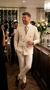 Men’s Cream Off White Pinstripe Linen Pinstripe 2 Piece Double Breasted Suit, Summer Wedding Ivory Color By Vitali