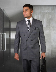 Mens Double Breasted Wool Suit in Charcoal Grey Windowpane