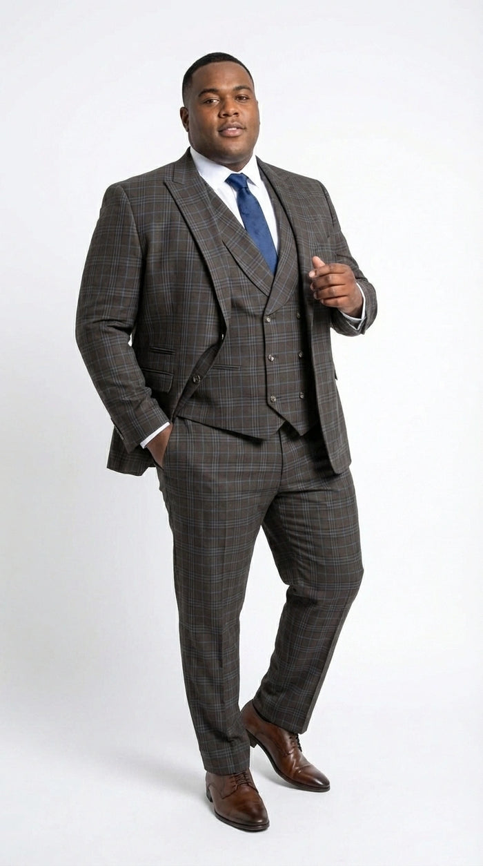 Vitali Men’s Brown Grey with blue Check 3 Piece Suit – Classic Plaid Formal Suit Set with Blazer, Vest & Trousers, Business Wedding Party Wear for Men Modern Fit