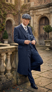 Men’s Navy Blue Herringbone Tweed  1920s 3 Piece Suit with Overcoat – Vintage Peaky Blinder Style Formal Suit Set with Blazer, Waistcoat + Overcoat + Hat
