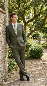 Men’s Olive Green Tuxedo With Trim Collar – Formal Wedding, Prom Suit Modern Fit