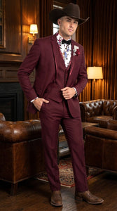Men’s Burgundy Western Tuxedo Suit, 3 Piece Cowboy Formal Wedding Prom Suit with Satin Trim