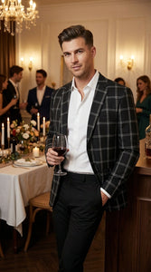 Men’s Black Windowpane Check Blazer – Black Plaid Formal Blazer Jacket for Business, Wedding and Smart Casual Style