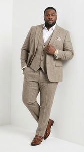 Men’s Light Beige Herringbone Tweed Suit with Vest – Classic Three Piece Formal Suit, Vintage Business Wedding Outfit, Elegant Smart Casual Wear
