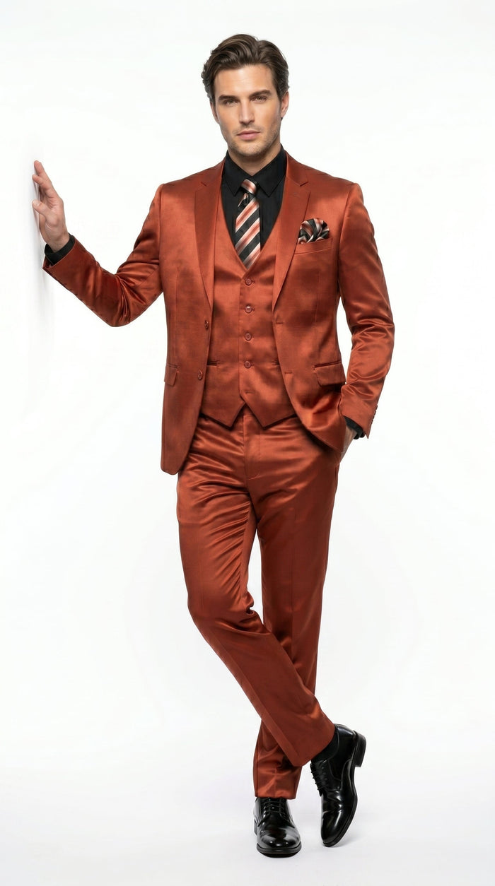 Men’s Rust Copper Coganc Shiny Sateen 3 Piece Suit, Vested Formal Wedding Prom Suit Set Ultra Slim Fit