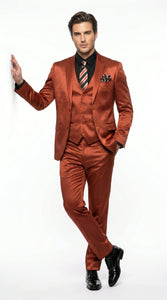 Men’s Rust Copper Coganc Shiny Sateen 3 Piece Suit, Vested Formal Wedding Prom Suit Set Ultra Slim Fit