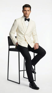 Men’s Ivory Wool Dinner Jacket – Classic Double Breasted Formal Tuxedo Jacket for Wedding and Black Tie Events