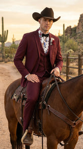 Men’s Burgundy Western Tuxedo Suit, 3 Piece Cowboy Formal Wedding Prom Suit with Satin Trim