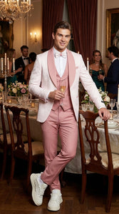 Men’s Cream and Rose Pink Prom Suit – Cream Tuxedo Jacket with Rose Pink Pants and Shawl Lapel Formal Suit for Prom and Wedding