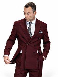 Statement Mens 2 Piece 100% Wool Modern Fit Double Breasted Suit - Front Vents in burgundy