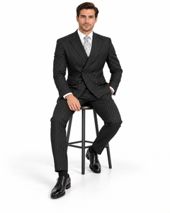 Pleated Suit - Mens Suits With Pleated Pant -  Regular Fit Suit - Bold Black Pinstripe Suit