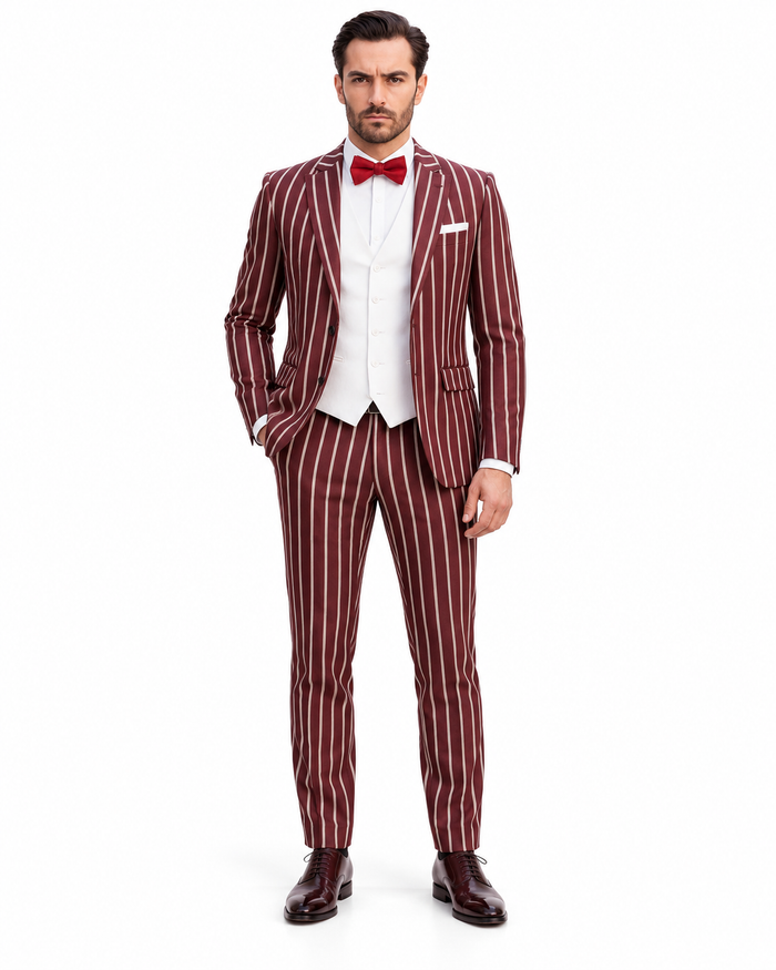 1920s Mens Vested Bold Gangster Pinstripe Suit in Burgundy