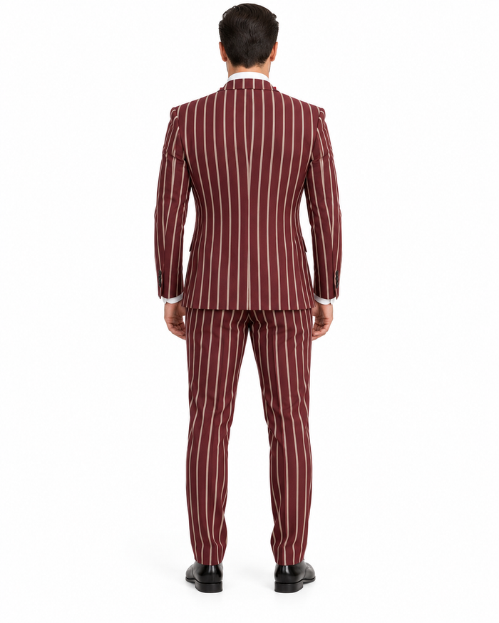 1920s Mens Vested Bold Gangster Pinstripe Suit in Burgundy