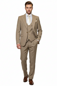 Men’s Beige Pinstripe Three-Piece Suit – Classic Fit Formal Suit with Vest and Flat-Front Pants in Tan Stripe By Rossiman