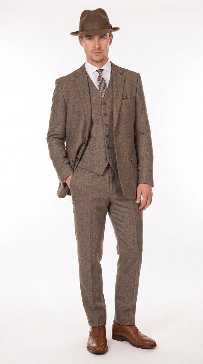 Men’s Brown Herringbone 3 Piece Suit – Vintage 1950s Inspired Tweed Vested Classic Suit