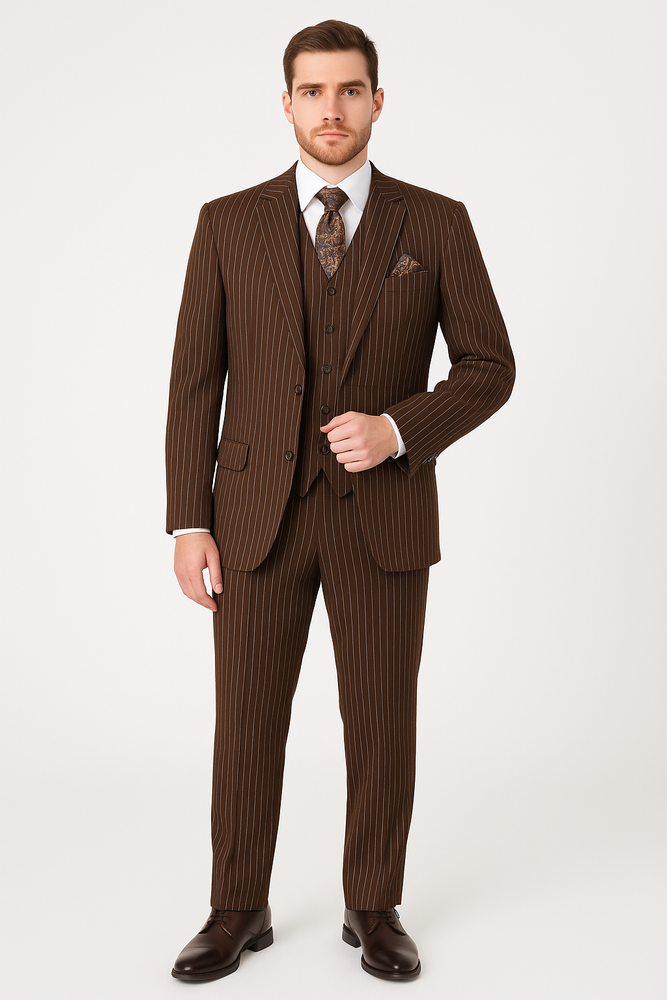 Men’s Brown Pinstripe 3-Piece Suit – Classic Fit Business Suit with Vest & Notch Lapel Blazer