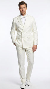 Men’s Ivory Double Breasted Tuxedo Dinner Jacket – Textured Blazer Paisley Texture Pattern in Off White Cream Color + Bowtie