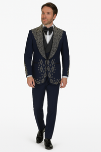 Men’s Navy Tuxedo with Gold Embroidery – Slim Fit Formal Dinner Jacket with Shawl Lapel