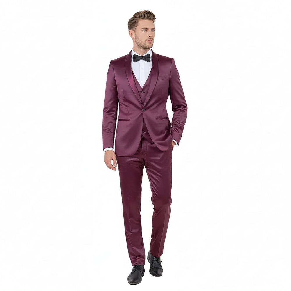 Mens Sateen Shiny Burgundy Slim Fit Tuxedo – Satin Shawl Lapel 3-Piece Suit