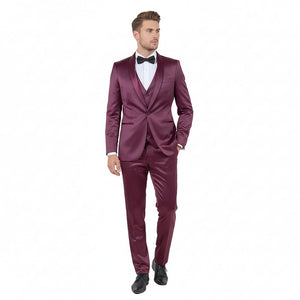 Mens Sateen Shiny Burgundy Slim Fit Tuxedo – Satin Shawl Lapel 3-Piece Suit