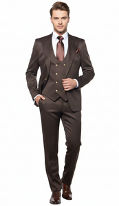 Men’s Chocolate Brown Textured 3-Piece Suit – Luxury Double-Breasted Vest Formal Set