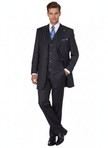 Men’s Three Button Suits -  Navy Blue Pinstripe Three-Piece Suit – Classic Business and Formal Wear - Zoot Suit