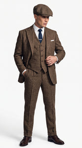 Men's Thomas Shelby Brown Tweed Herringbone 3-Piece Suit – Peaky Blinders 1920s Vintage-Style Suit with Matching Vest & Trousers