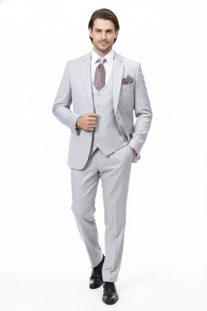 Men’s Very Light Gray Three-Piece  Wedding Suit 2 Buttons Modern or Slim Fit  Ash Bone Color Steel Grey
