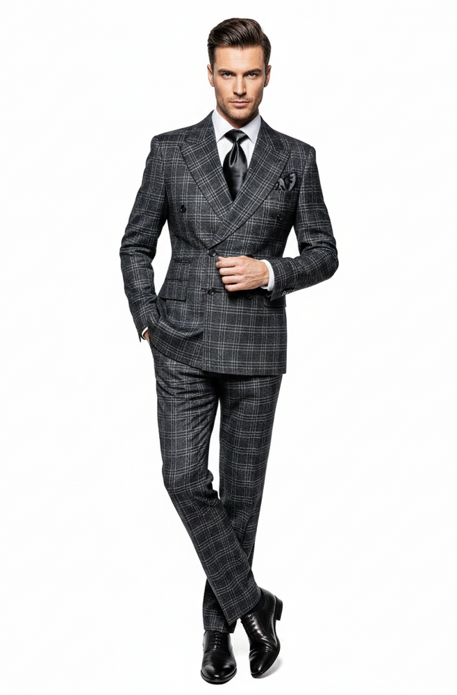 Men’s Charcoal Plaid Double-Breasted Suit –  Tailored Pants Windowpane Pattern By Rossiman