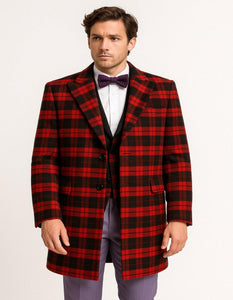 Men’s Red and Black Plaid Wool Overcoat – Tartan Texture Fabric Christmas Carcoat