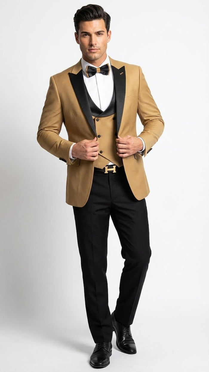 Men's Dark Camel Tan Khaki and Black Great Gatsby Tuxedo Suit – Vintage 1920s Formal Wedding, Party and Event Wear