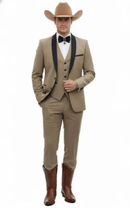Men’s Western Cowboy Suit – 3-Piece Tan Tuxedo with Black Lapel, Vest, and Pants Beige  Color